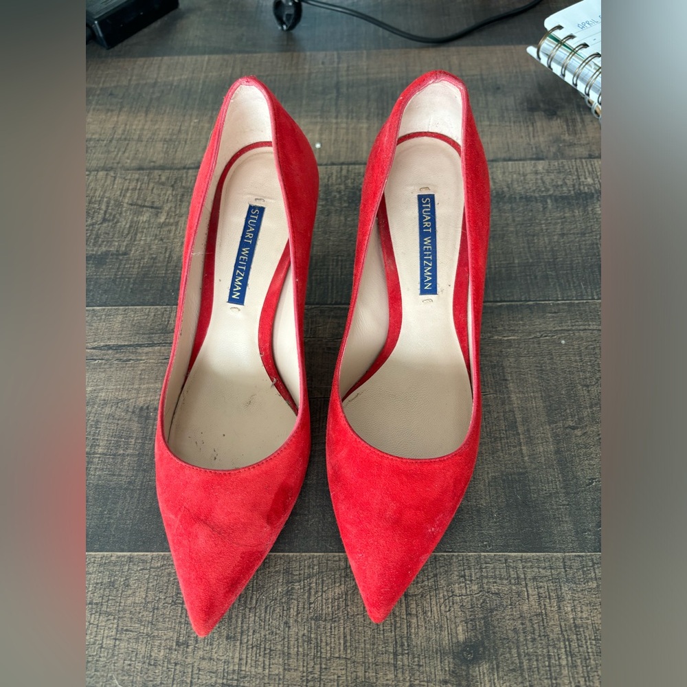 Stuart Weitzman suede candy apple red kitten heels